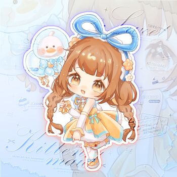 1girl animal_balloon balloon balloon_trip_(infinity_nikki) bare_shoulders bird blue_background blue_bow blue_hairband blue_ribbon blunt_bangs bow braid brooch brown_eyes brown_hair bubble_skirt chibi chinese_commentary commentary_request commission dress duck duck_tail eyelashes fake_tail flower footwear_bow frilled_arm_warmers frilled_hairband frilled_thighhighs frills gradient_background hair_flower hair_ornament hair_ribbon hairband hand_on_own_knee happy heart heart_print holding holding_balloon infinity_nikki jewelry lanlan_zhi_jiabing large_ribbon leg_up light_blush light_particles long_hair low_twin_braids miniskirt neck_ribbon nikki_(series) open_mouth orange_flower outline pleated_dress print_thighhighs ribbon sample_watermark shoes short_dress single_stripe skirt skirt_under_dress sleeveless sleeveless_dress smile solo standing star_(symbol) star_print striped_ribbon tail tareme thighhighs too_many_watermarks twin_braids very_long_hair watermark white_arm_warmers white_flower white_outline white_skirt white_thighhighs yellow_dress yellow_ribbon yellow_shoes zoom_layer