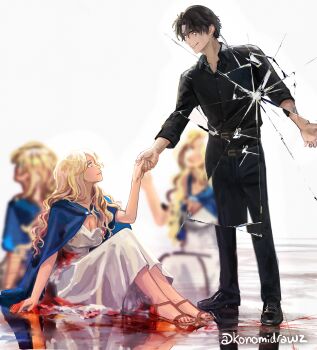 1boy 1girl absurdres belt black_hair black_shirt blonde_hair blood blood_on_clothes blue_cape blue_eyes breasts cape cassie_(shadow_slave) cleavage collared_shirt crack cracked_glass dress full_body highres holding_hands injury konomiiii looking_at_another mordret_(shadow_slave) outstretched_arm reflection sandals shadow_slave shirt short_hair sitting smile wavy_hair white_dress