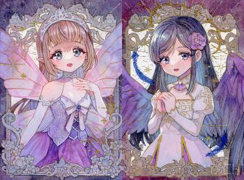 Rule 34 | 2girls, :d, artist name, ascot, bare shoulders, black hair, blush, bow, bowtie, breasts, brown hair, butterfly wings, choker, cleavage, collarbone, commentary request, detached sleeves, dress, feathered wings, flower, green eyes, hair flower, hair ornament, hand up, insect wings, juliet sleeves, long hair, long sleeves, looking at viewer, multiple girls, open mouth, original, own hands together, painting (medium), parted bangs, pointy ears, puffy sleeves, purple ascot, purple dress, purple flower, purple wings, sidelocks, sleeveless, sleeveless dress, smile, traditional media, upper body, watercolor (medium), white background, white bow, white bowtie, white choker, white dress, white sleeves, white tiara, wings, yachi waki