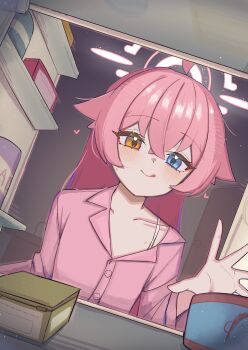 1girl :q absurdres ahoge blue_archive blue_eyes closed_mouth collarbone commentary flat_chest halo heterochromia high_(hgih) highres hoshino_(blue_archive) long_hair pink_hair pink_halo pink_shirt refrigerator shirt solo tongue tongue_out yellow_eyes