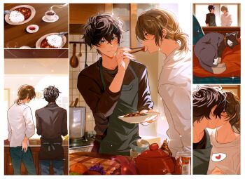 2boys :3 :o absurdres akechi_gorou amamiya_ren apron black_eyes black_hair black_shirt blue_pants blurry bokeh bowl brown_hair cat chopsticks chromatic_aberration clock closed_mouth coffee commentary cooking cooking_pot counter couple cup curry curry_rice cushion depth_of_field fdrc feeding food fruit grapes green_apron hair_between_eyes hand_on_own_hip heart highres holding holding_chopsticks indoors kiss kitchen ladle light_particles long_sleeves looking_at_another low_ponytail male_focus morgana_(cat)_(persona_5) morgana_(persona_5) multiple_boys multiple_views open_mouth orange_(fruit) pants persona persona_5 plate ponytail red_eyes rice shirt short_hair short_ponytail smile sparkle speech_bubble spoken_heart stove table teapot white_shirt yaoi