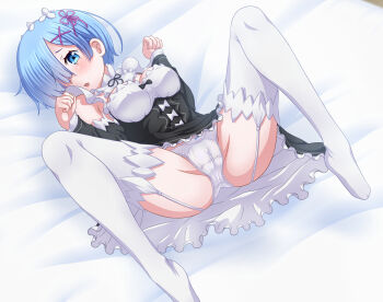 Rule 34 | 10s, 1girl, bed sheet, blue eyes, blue hair, blush, bow, bow panties, breasts, cameltoe, cleavage, detached collar, detached sleeves, dress, female focus, garter straps, hair ornament, hair over one eye, highres, looking at viewer, lying, maid, maid headdress, matching hair/eyes, medium breasts, on back, on bed, open mouth, ossannoa, panties, paw pose, re:zero kara hajimeru isekai seikatsu, rem (re:zero), roswaal mansion maid uniform, short hair, solo, spread legs, thighhighs, underbust, underwear, white panties, white thighhighs, x hair ornament