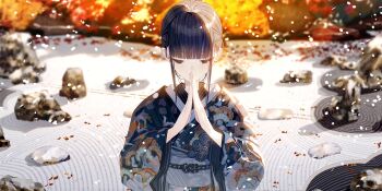 1girl atha_(leejuiping) black_eyes black_hair blunt_bangs blurry blurry_background commentary_request highres japanese_clothes kimono obi obiage obijime original print_kimono sash short_hair_with_long_locks solo