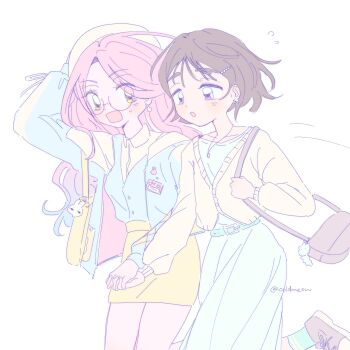 2girls :o alien_stage alternate_costume bag bag_charm beret black_hair blue_cardigan blue_dress blue_hair cardigan charm_(object) chinese_commentary coldmeow commentary dress earrings english_commentary flying_sweatdrops green_skirt hair_ornament hairclip hand_on_headwear hat highres holding_hands jewelry long_hair mizi_(alien_stage) multicolored_hair multiple_girls open_mouth pearl_earrings pearl_hair_ornament pencil_skirt purple_eyes rabbit_earrings running short_hair shoulder_bag signature skirt sua_(alien_stage) two-tone_hair very_long_hair white_cardigan white_hat yellow_bag yellow_eyes