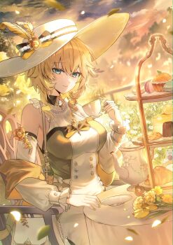 1girl absurdres aglaea_(honkai:_star_rail) alternate_costume blonde_hair cake chair commentary_request cookie croissant cup detached_sleeves dress flower food green_eyes hat highres holding holding_cup honkai:_star_rail honkai_(series) on_chair orange_sky papu_(papu1006) pudding short_hair sitting sky smile solo sun_hat tea_set teacup teapot white_dress white_hat yellow_flower