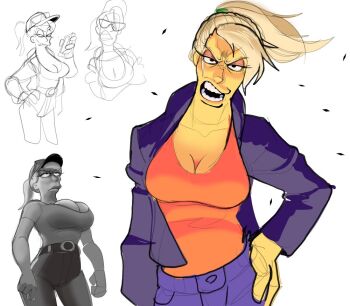 1girl breasts curvy denim disdain floating full_body galactabee gavin's_mom grin half-closed_eyes hands_on_own_hips jacket large_breasts looking_at_another looking_at_viewer mature_female multiple_views no_bra official_style ponytail road simple_background sketch smile street sunglasses_on_head tank_top the_simpsons white_background wide_hips