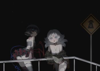 2girls absurdres alternate_costume ass asymmetrical_wings bandeau black_bandeau black_hair black_skirt black_sky black_thighhighs blue_wings breasts camouflage camouflage_jacket commentary cowboy_shot forehead_tattoo frilled_skirt frills fumo_(doll) grey_eyes grey_hair grey_pantyhose highres houjuu_chimi houjuu_nue jacket looking_at_viewer multiple_girls night no_noru open_mouth outdoors pantyhose pointy_ears railing red_eyes red_wings short_hair sign skirt sky small_breasts tank_top tattoo thighhighs torn_clothes torn_pantyhose touhou unworn_jacket warning_sign white_tank_top wings