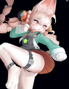 1girl 2025 ahoge animal_ear_fluff ass blush braid breasts commentary_request devilbeing666 furry furry_female highres leg_up long_hair pink_eyes pink_hair rabbit_girl small_breasts solo teeth twin_braids upper_teeth_only zenless_zone_zero zhao_(zenless_zone_zero)