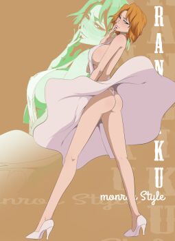 1girl absurdres accidental_exposure alternate_hairstyle ass bare_legs bare_shoulders bleach bleach:_sennen_kessen-hen blonde_hair blue_eyes blush breasts butt_crack reference_sheet clothes_lift commentary cosplay covered_erect_nipples dress dress_lift embarrassed female_focus from_behind full_body g-string high_heels highres large_breasts legs lexus_(artist) lifting_own_clothes long_legs looking_back looking_back marilyn_monroe marilyn_monroe_(cosplay) matsumoto_rangiku mole mole_under_mouth nail_polish orange_hair panties revealing_clothes seductive_smile short_hair sideboob smile solo source_request standing thong underwear upskirt wind wind_lift zoom_layer