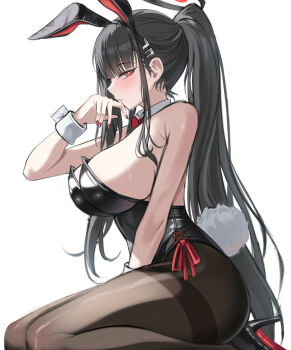 1girl absurdres animal_ear_hairband animal_ears black_hair black_hairband black_leotard black_pantyhose black_shoes blue_archive blush bnari breasts bright_pupils commentary_request fake_animal_ears fake_tail fingernails from_side hairband hand_up high_heels highres large_breasts leotard long_hair nail_polish pantyhose parted_lips playboy_bunny rabbit_ears rabbit_tail red_eyes red_nails rio_(blue_archive) shoes simple_background small_sweatdrop solo strapless strapless_leotard tail very_long_hair white_background white_wrist_cuffs wrist_cuffs