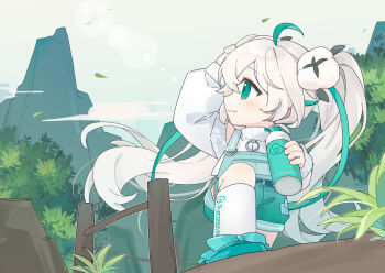 Rule 34 | 1girl, ahoge, bottle, chibi, commentary request, gradient hair, green eyes, green hair, hair ornament, highres, holding, holding bottle, jacket, long hair, mountain, multicolored hair, official alternate costume, official alternate hairstyle, outdoors, plant, quanmian shidai, shorts, smile, socks, solo, streaked hair, twintails, virtual youtuber, wen xiaomian, wenxiaomian family, white hair, white jacket