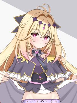 1girl ades_clus antenna_hair blonde_hair blush bow bow_panties braid capelet character_request clothes_lift copyright_request crossed_bangs food_print grey_background grey_bow grey_necktie hair_between_eyes hair_bow hair_intakes half_up_braid heart heart-shaped_pupils highres ice_cream_print lifting_own_clothes long_hair looking_at_viewer necktie panties parted_lips pink_eyes pink_pupils print_panties purple_capelet purple_panties purple_shirt shirt simple_background skirt skirt_lift solo straight_hair symbol-shaped_pupils underwear upper_body white_skirt