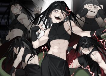 Rule 34 | 1boy, abs, absurdres, black gloves, black hair, cbow, commentary, crop top, envy (fma), evil grin, evil smile, fangs, fingerless gloves, fullmetal alchemist, gloves, grin, hands on own face, headband, highres, long hair, looking at viewer, male focus, multiple views, open mouth, smile, teeth