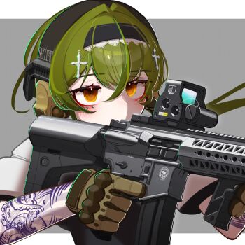 Rule 34 | 1girl, black hairband, black shirt, blush, brown eyes, brown gloves, commentary, covered mouth, ear protection, gloves, green hair, grey background, gun, hair between eyes, hairband, highres, holding, holding gun, holding weapon, iwasawayuki, optical sight, original, shirt, short sleeves, solo, two-tone background, unfinished, upper body, weapon, weapon request, white background