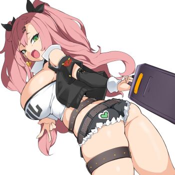 1girl ass bebebe_(pepegakii) black_jacket black_ribbon black_shorts blush breasts briefcase crop_top cutoffs earrings green_eyes heart heart_earrings highres jacket jewelry large_breasts long_hair long_sleeves looking_at_viewer looking_back micro_shorts mole mole_under_eye nicole_demara open_mouth pink_hair ribbon shorts smile solo strapless thighs tube_top two_side_up zenless_zone_zero