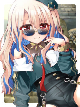 1girl bare_shoulders beret black_shorts blue-tinted_eyewear blue_hair blush bracelet breasts buttons colored_inner_hair commentary_request cosplay double-breasted eyeliner fate/grand_order fate/kaleid_liner_prisma_illya fate_(series) green_hat green_jacket hair_between_eyes hat highres illyasviel_von_einzbern jacket jewelry long_hair looking_at_viewer looking_over_eyewear makeup mochi_(k620803n) multicolored_hair neck_ring o-ring off_shoulder red_eyes revision round_eyewear shorts sidelocks small_breasts smile solo sunglasses tenochtitlan_(fate) tenochtitlan_(fate)_(cosplay) tenochtitlan_(second_ascension)_(fate) tinted_eyewear white_hair zipper