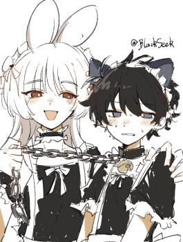 2boys :d akinashi_haru animal_collar animal_ears annoyed averting_eyes bell black_dress blackseek cat_boy chain chain_leash chinese_commentary collar commentary_request crossdressing crossdressing_(mtf) dress frilled_dress frills hand_on_another's_shoulder highres jingle_bell leash leash_pull looking_at_another maid male_maid multiple_boys neck_bell open_mouth rabbit_boy rabbit_ears saihate_eki short_hair smile tatsunami_shion upper_body