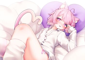 1girl absurdres ahoge aisu_koffie animal_ear_fluff animal_ears bandaid_on_thigh blush cat_ears cat_girl cat_tail collared_shirt commentary_request commission flat_chest gumi_(guminghc) heart heart-shaped_pillow heart_ahoge highres indie_virtual_youtuber leg_warmers long_sleeves looking_at_viewer lying naked_shirt nose_blush on_back pillow pink_hair purple_eyes shirt short_hair single_leg_warmer single_thighhigh skeb_commission sleeves_past_wrists solo striped_clothes striped_thighhighs sweat tail thighhighs virtual_youtuber white_leg_warmers white_shirt