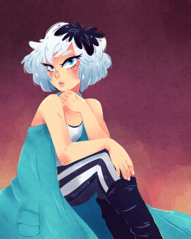 Rule 34 | 1girl, adapted costume, aqua eyes, aqua jacket, blush, breasts, cleavage, closed mouth, collarbone, commentary, english commentary, eyelashes, fingernails, flower, hair flower, hair ornament, highres, jacket, joypandaah, kyokugen dasshutsu, kyokugen dasshutsu adv: zennin shibou desu, lips, open clothes, open jacket, pants, phi (kyokugen dasshutsu), redrawn, shirt, short hair, sitting, sleeveless, sleeveless jacket, sleeveless shirt, solo, striped clothes, striped pants, white hair, white shirt