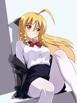 1girl absurdres ahoge blonde_hair blush bow bowtie breasts cleavage dress_shirt drill_hair hayate_no_gotoku! highres jacket large_breasts long_hair lostorder pantyhose red_eyes school_uniform shirt sitting skirt solo tennousu_athena unworn_jacket very_long_hair white_pantyhose