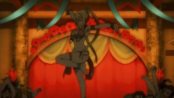 1girl 6+boys alternate_costume alternate_hairstyle animated animated_gif anime_screenshot anklet armlet armpits ass barefoot belly_dancer belly_dancer_outfit blonde_hair bra bracelet breasts brown_eyes butt_crack choker closed_eyes collarbone curvy dancer dancing ear_piercing earrings fairy_tail fairy_tail:_dragon_cry feet floral_print happy harem_outfit huge_breasts jewelry large_breasts leg_up lips loincloth long_hair long_twintails looking_at_viewer lots_of_jewelry lucy_heartfilia lucy_heartfilia_(bar_altair_dancer)_(fairy_tail) multiple_boys navel necklace official_alternate_costume official_alternate_hairstyle one_eye_closed piercing print_bra sidelocks smile standing standing_on_one_leg thick_thighs thighlet thighs twintails underwear wide_hips wink