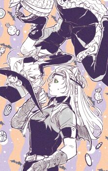 2girls alternate_costume animal_ears circlet final_fantasy final_fantasy_xiv green_eyes halloween hat hrothgar hyur lion_ears lion_girl long_hair multiple_girls necktie shrimp_sandwich smile sphene_(ff14) upside-down witch witch_hat wuk_lamat