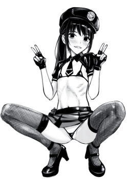 1girl bikini blood_alone blush commentary_request double_v fangs fishnet_thighhighs fishnets flat_chest full_body greyscale hat high_heels highres long_hair looking_at_viewer micro_bikini microskirt misaki_minato monochrome navel police_hat ribs shrug_(clothing) skirt smile solo squatting swimsuit takano_masayuki thighhighs v