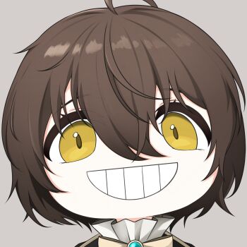 Rule 34 | 1boy, :d, ahoge, ascot, black jacket, brown hair, chinese commentary, commentary request, dragon raja (jiang nan), grey background, grid teeth, hair between eyes, highres, jacket, looking at viewer, lu mingze, male focus, mutsuki face (blue archive), open mouth, portrait, quancy (sduk8432), short hair, simple background, smile, solo, straight-on, white ascot, yellow eyes