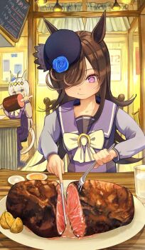 Rule 34 | 2girls, :t, ahoge, animal ears, blue eyes, boned meat, bow, bowtie, brown hair, cup, cutting, eating, film grain, flower, food, fork, hair over one eye, hat, hat flower, highres, horse ears, horse girl, horse tail, indoors, knife, long hair, looking at viewer, looking down, meat, mini hat, multiple girls, oguri cap (umamusume), plate, potato, purple eyes, purple shirt, purple skirt, restaurant, rice shower (umamusume), sailor collar, school uniform, serafuku, shirt, sitting, skirt, tail, tracen school uniform, umamusume, water, white bow, white bowtie, white hair, yomean!