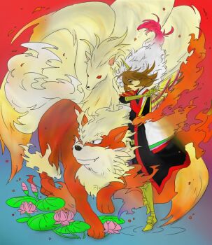 Rule 34 | arcanine, armor, brown hair, fire, flower, gen 1 pokemon, headdress, ishida mitsunari (sengoku musou), japanese clothes, lotus, ninetails, nintendo, pokemon, pokemon conquest, sengoku musou