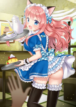 1girl animal_ears apron ass back_bow black_thighhighs blue_bow blue_dress blue_eyes blurry blurry_foreground blush booth_seating bow breasts cat_ears cherry commentary_request cowboy_shot cup dress fake_animal_ears food frilled_apron frilled_thighhighs frills fruit gingham_bow hair_bow holding holding_tray indoors kiwi_(fruit) kiwi_slice large_breasts light_particles long_hair maid maid_apron maid_cafe maid_headdress naomi_(fantasia) no_panties open_mouth original picture_frame pink_hair pudding puffy_short_sleeves puffy_sleeves saucer short_dress short_sleeves solo standing standing_on_one_leg strawberry table teacup teapot thighhighs top_of_moe_2016 tray wavy_hair whipped_cream white_apron white_wrist_cuffs window wrist_cuffs
