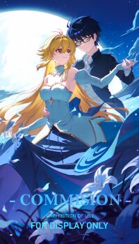 1boy 1girl absurdres archetype_earth arcueid_brunestud bare_shoulders black_hair black_jacket blue_skirt breasts cleavage closed_eyes commentary commission dress english_commentary enoharatoki full_moon glasses highres jacket medium_breasts moon night red_eyes shirt short_hair skirt standing tohno_shiki tsukihime tsukihime_(remake) watermark white_dress white_shirt