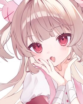 &gt;_&lt; 1girl apron armband bandaged_arm bandaged_wrist bandages blush commentary_request dress fang hair_ornament hands_on_own_face hanei_shiro hat heart heart_print highres long_hair looking_at_viewer nail_polish natori_sana nurse_cap open_mouth pink_apron pink_hat puffy_short_sleeves puffy_sleeves rabbit_hair_ornament red_armband red_eyes red_nails sana_channel short_sleeves simple_background skin_fang solo two_side_up upper_body virtual_youtuber white_background white_dress