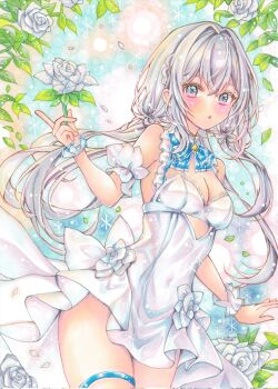1girl :o blue_bow blue_bowtie blush bow bowtie breasts cleavage commentary_request covered_navel cowboy_shot crossed_bangs dress flower grey_eyes grey_hair hair_intakes highres holding holding_flower honokaw555 large_breasts long_hair looking_at_viewer marker_(medium) original parted_lips rose short_dress sleeveless sleeveless_dress solo standing thigh_strap traditional_media very_long_hair white_dress white_flower white_rose