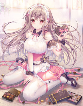 1girl absurdres apron bare_shoulders black_shoes box box_of_chocolates breasts brown_hair collared_shirt commentary_request floating_hair frilled_apron frilled_skirt frills hair_between_eyes hand_up heart-shaped_box high_heels highres holding holding_box large_breasts long_hair maeda_shiori maid maid_headdress on_floor pink_skirt red_eyes shirt shoes sitting skirt sleeveless sleeveless_shirt solo sousouman thighhighs twinbox_school valentine very_long_hair waist_apron wariza white_apron white_shirt white_thighhighs wooden_floor wrist_cuffs
