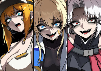 3girls absurdres armband armored_bodysuit armored_gloves armored_legwear armored_leotard bandaid bandaid_on_cheek bandaid_on_face blonde_hair blue_eyes breasts drake_(nikke) gloves goddess_of_victory:_nikke highres laplace_(nikke) leotard long_hair matis_(nikke) maxwell_(nikke) multiple_girls multiple_piercings nagainegi open_mouth red_eyes short_hair smile sports_bra twintails white_hair white_sports_bra yellow_armband