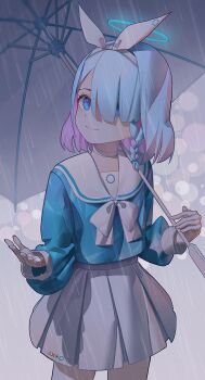 1girl arona_(blue_archive) blue_archive blue_eyes blue_hair blush braid choker colored_inner_hair commentary_request hair_over_one_eye hairband halo highres komodo long_sleeves looking_at_viewer multicolored_hair pink_hair rain school_uniform shirt short_hair skirt smile solo umbrella white_hairband