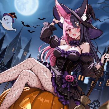 1girl absurdres animal_ear_fluff animal_ears armpit_crease bat_(animal) black_dress black_hair black_hat blurry blurry_background blush bow breasts broom commentary crossed_legs dress english_commentary fang fishnet_pantyhose fishnets frilled_dress frills full_moon ghost halloween halloween_costume hat highres holding holding_broom indie_virtual_youtuber jack-o&#039;-lantern large_breasts long_hair long_sleeves looking_at_viewer marshie_(vtuber) maskey_(maskey_artist) moon multicolored_hair night open_mouth outdoors pantyhose pink_hair pumpkin purple_bow rabbit_ears rabbit_girl red_eyes second-party_source sitting skin_fang smile solo split-color_hair two-tone_hair virtual_youtuber witch witch_hat
