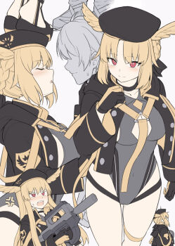 1boy 2girls anger_vein black_gloves black_headwear black_jacket blonde_hair braid breasts closed_mouth covered_navel facing_another fate/grand_order fate_(series) feathered_wings french_braid from_side gloves grey_leotard gun head_wings holding holding_gun holding_weapon incoming_kiss jacket large_breasts leotard long_hair looking_at_viewer multiple_girls open_clothes open_jacket parted_bangs red_eyes rindr_(fate) shiseki_hirame smile thighs thrud_(fate) thrud_(swimsuit_assassin)_(fate) tiptoes two-tone_gloves valkyrie_(fate) weapon weapon_request wings yellow_gloves yellow_wings