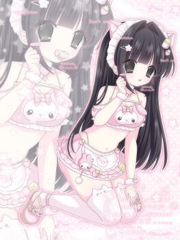 1girl 2000s_(style) absurdres animal_ear_legwear animal_ears artist_name baby_bottle black_eyes black_hair blush blush_stickers bottle breasts cat_ears character_charm character_print charm_(object) cleavage clothing_request commentary commission food-themed_hair_ornament food_print frills hair_ornament highres long_hair looking_at_viewer maid_headdress medium_breasts my_melody my_melody_(series) narutomaki_hair_ornament off_shoulder open_mouth original pacifier panties pink_background pink_panties pink_sandals pink_theme polka_dot polka_dot_background projected_inset sandals sanrio selenium single_blush_sticker skindentation solo star_(symbol) strap strawberry_hair_ornament thighhighs underwear untranslatable_commentary