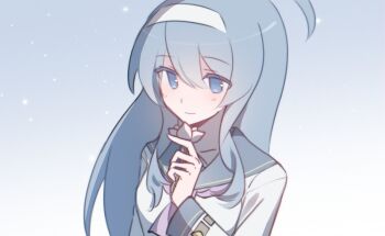 1girl ahoge alternate_costume blue_eyes blue_hair blush flower getu_zyzy hairband holding holding_flower long_hair looking_at_viewer orie_ballardiae_harada school_uniform simple_background smile solo under_night_in-birth very_long_hair white_hairband