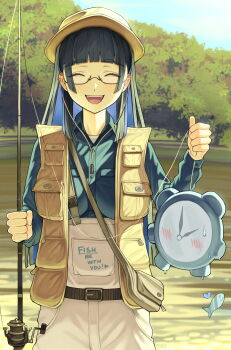 1girl absurdres alarm_clock alternate_costume belt black_hair blue_hair blue_shirt blunt_bangs blunt_ends blush breasts brown_belt brown_hat brown_vest clock closed_eyes clothes_writing collared_shirt colored_inner_hair commentary day ear_piercing english_commentary english_text facing_viewer fangs fish fishing_line fishing_rod glasses hat highres holding holding_fishing_rod hololive hololive_english kronie_(ouro_kronii) lake large_breasts long_hair long_sleeves migokami multicolored_hair open_mouth ouro_kronii outdoors piercing semi-rimless_eyewear shirt smile solo tree two-tone_hair under-rim_eyewear vest vest_pouch virtual_youtuber waders water water_drop wet