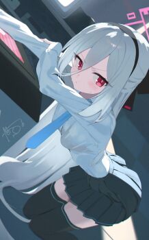 1girl absurdres bent_over black_skirt black_thighhighs blue_archive blue_necktie blush bra_visible_through_clothes breasts closed_mouth cropped dan_nako double-parted_bangs duplicate feet_out_of_frame grey_hair halo highres indoors kei_(blue_archive) kei_(new_body)_(blue_archive) kneeling long_hair long_sleeves miniskirt necktie pink_eyes pink_halo pleated_skirt school_uniform shirt shirt_tucked_in signature skirt small_breasts solo straight_hair swimsuit thighhighs v-shaped_eyebrows very_long_hair white_shirt zettai_ryouiki