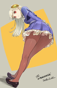1girl arms_behind_back artist_name black_shoes blonde_hair blue_skirt bow brown_pantyhose capcom_fighting_jam commentary_request dated frilled_skirt frills from_behind full_body gloves hairpods highres ingrid_(capcom) leaning_forward long_hair long_sleeves looking_at_viewer pantyhose parted_lips pleated_skirt red_eyes shoes skirt solo tea_(nakenashi) white_bow white_gloves