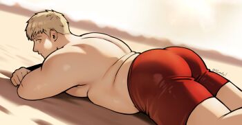 1boy absurdres alternate_body_size arm_rest ass bara blonde_hair commentary dungeon_meshi fat fat_man highres huge_ass laios_touden looking_back lying male_focus male_swimwear nifast_(greentail) on_stomach pectorals profile short_hair solo swim_trunks symbol-only_commentary thick_thighs thighs topless_male