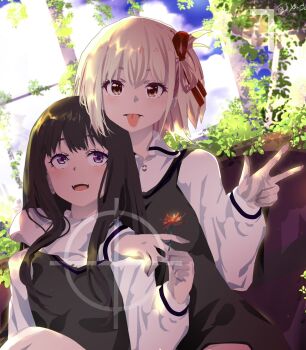 Rule 34 | 2girls, black hair, blonde hair, blue sky, brown eyes, cloud, cloudy sky, commentary request, day, highres, hug, indoors, inoue takina, long hair, looking at another, looking at viewer, lycoris recoil, multiple girls, nishikigi chisato, open mouth, plant, purple eyes, school uniform, sengoku chidori, shirt, short hair, sitting, sky, teeth, tongue, tongue out, upper teeth only, v, white shirt
