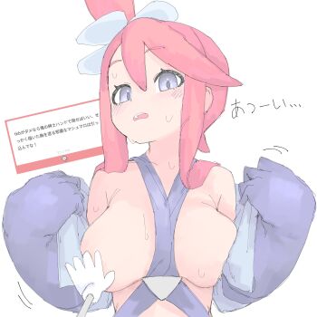 1girl blue_eyes dark-skinned_female dark_skin gloves highres long_hair looking_at_viewer mocamocaink nintendo pokemon pokemon_bw red_hair skyla_(pokemon) sweat undressing