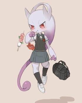 Rule 34 | bag, black cardigan, black socks, brown background, cardigan, clothed pokemon, colored skin, duffel bag, eating, floating, food, gen 1 pokemon, gen 4 pokemon, grey skirt, legendary pokemon, mega mewtwo y, mega pokemon, mewtwo, mochi, nintendo, pokemon, purple skin, red eyes, rotom, rotom phone, school uniform, shirt, shoes, simple background, skirt, sneakers, socks, telekinesis, tosx, white shirt, white shoes