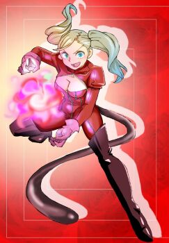 1girl atlus blonde_hair blue_eyes bodysuit boots breasts brown_boots cat_tail cleavage cleavage_cutout clothing_cutout energy_ball floral_background flower gloves jumping long_hair looking_at_viewer medium_breasts megami_tensei onnaski open_mouth panther_tail persona persona_5 purple_gloves red_background red_bodysuit red_flower red_rose rose smile tail takamaki_anne teeth thigh_boots twintails zipper