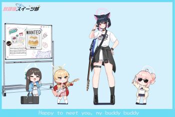4girls ahoge airi_(band)_(blue_archive) airi_(blue_archive) animal_ears arm_up bass_guitar black_choker black_hair black_jacket black_skirt blue_archive blue_jacket blush breasts brown_eyes cat_ears cat_girl chibi choker closed_eyes clothes_around_waist drumsticks ear_piercing electric_guitar english_text green_hair guitar half-heart_hands halo hand_on_own_chin hand_on_own_hip instrument instrument_case jacket jacket_around_waist kazusa_(band)_(blue_archive) kazusa_(blue_archive) long_hair medium_breasts multiple_girls natsu_(band)_(blue_archive) natsu_(blue_archive) official_alternate_costume open_mouth pancake4539 piercing pink_hair pink_halo pokedance_(meme) red_eyes red_jacket shirt side_ponytail simple_background skirt smile sunglasses teeth thigh_strap thighs v white_shirt white_skirt whiteboard yellow_halo yellow_jacket yoshimi_(band)_(blue_archive) yoshimi_(blue_archive)